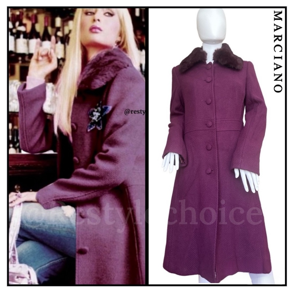 Marciano genuine rabbit Fur Trim wool tween pea Coat S/P & M burgundy purple